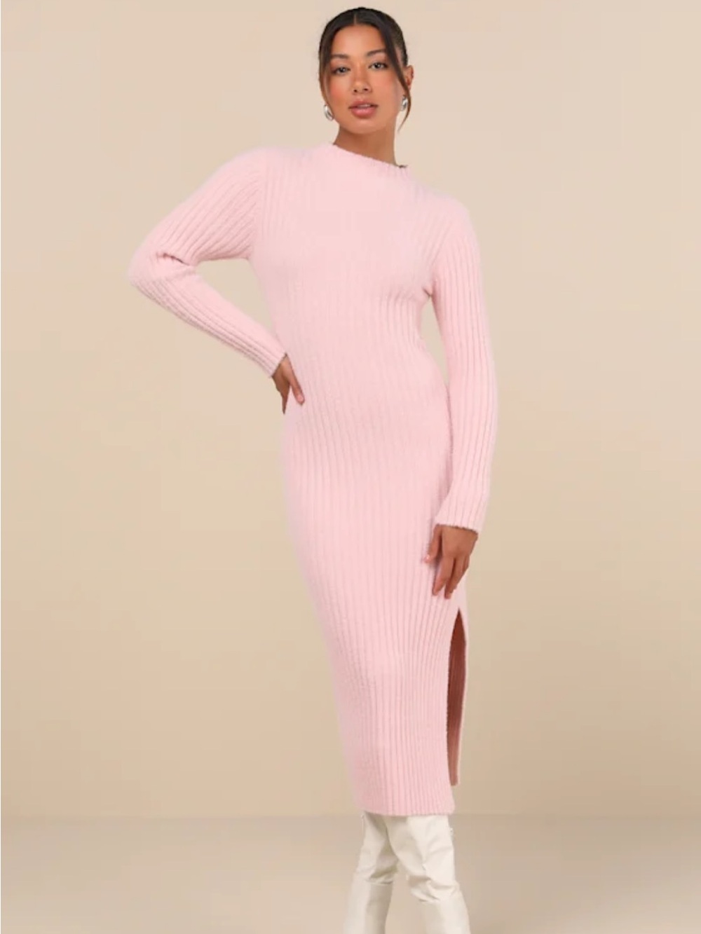 Lulus Light Pink Fuzzy Knit Sweater Dress